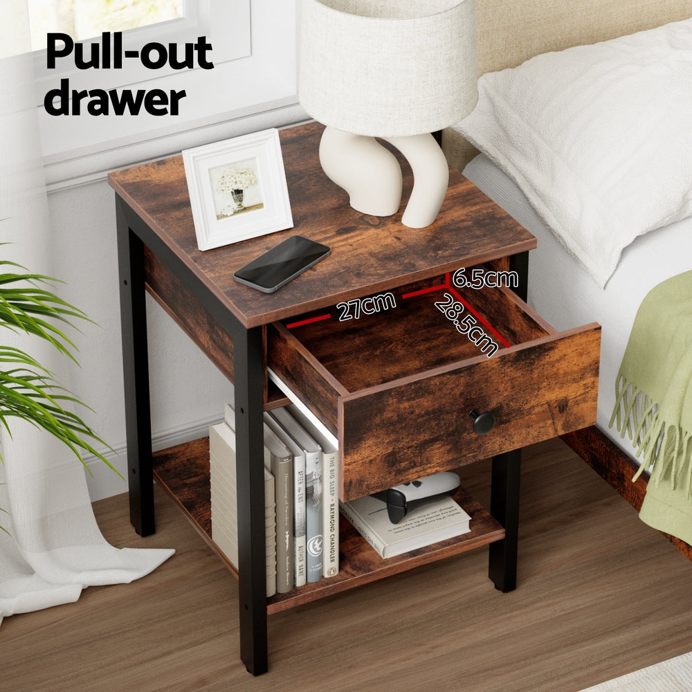 Artiss Bedside Table Nightstand 1 Drawer Shelves Walnut-Furniture > Bedroom > Bedside Tables-PEROZ Accessories