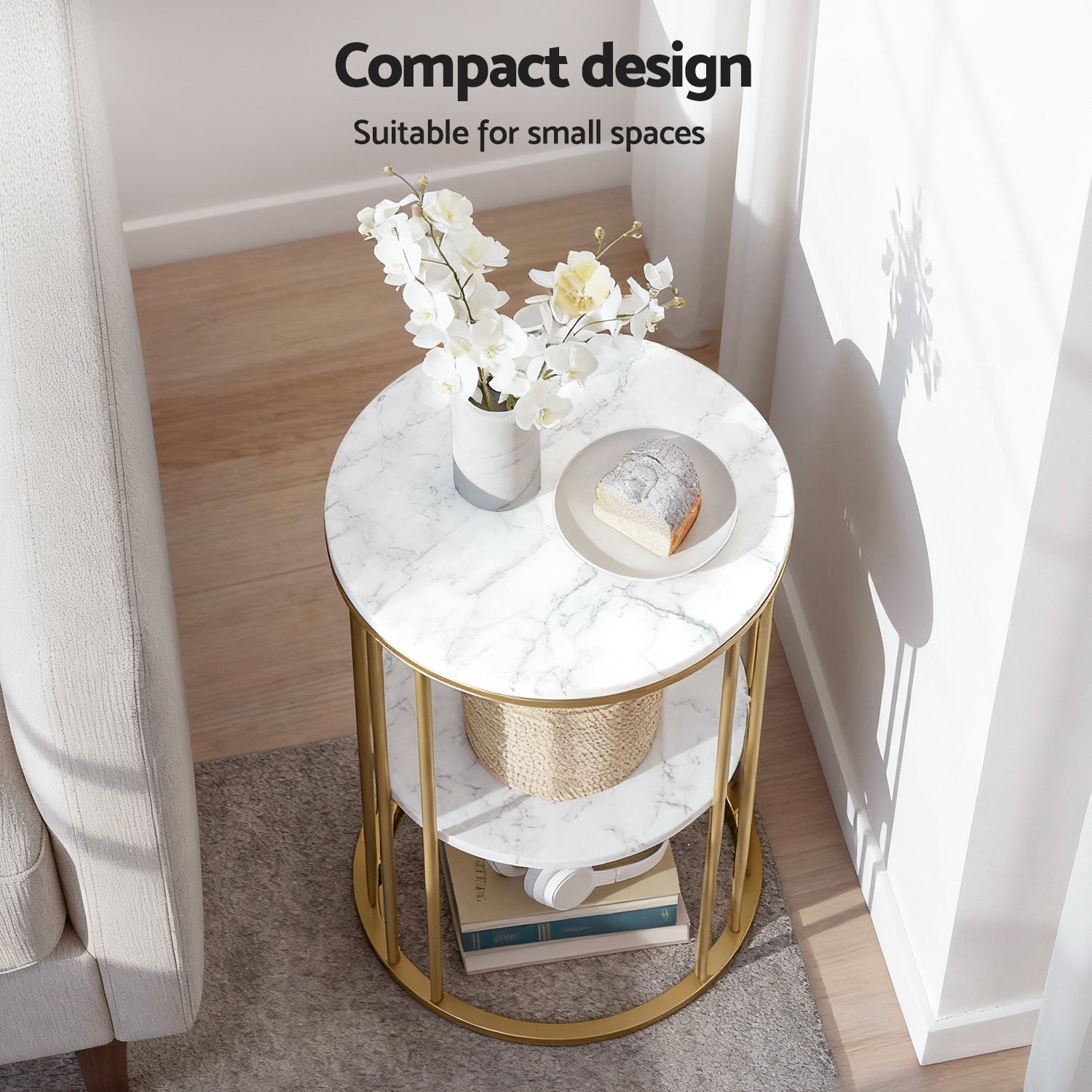 Artiss Coffee Table 2-Tier Round Marble Effect White&Gold-Furniture > Living Room > Coffee Tables-PEROZ Accessories
