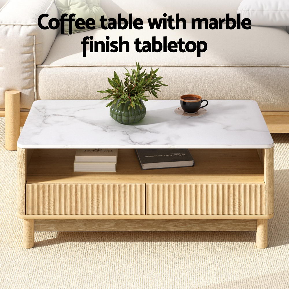 Artiss Coffee Table Drawer Shelf Marble Effect Wood&White-Furniture > Living Room > Coffee Tables-PEROZ Accessories