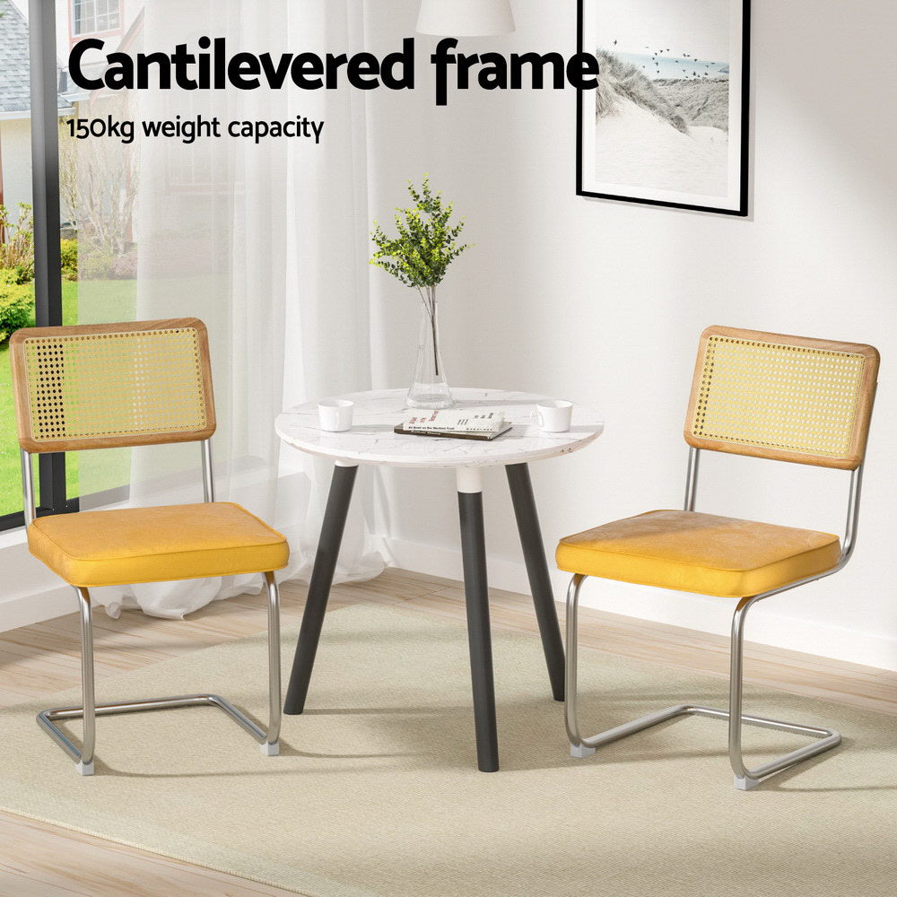 Artiss Dining Chairs Set of 4 Velvet Rattan Cantilever Yellow-Furniture > Dining > Kitchen & Dining Chairs-PEROZ Accessories