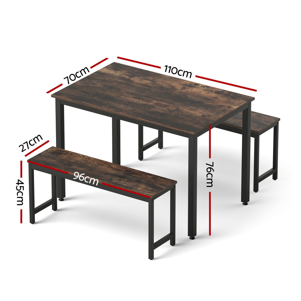 Artiss Dining Table and Chairs Set 3PCS Kitchen Metal Desk Bench Dark Walnut-Furniture > Dining > Dining Set-PEROZ Accessories