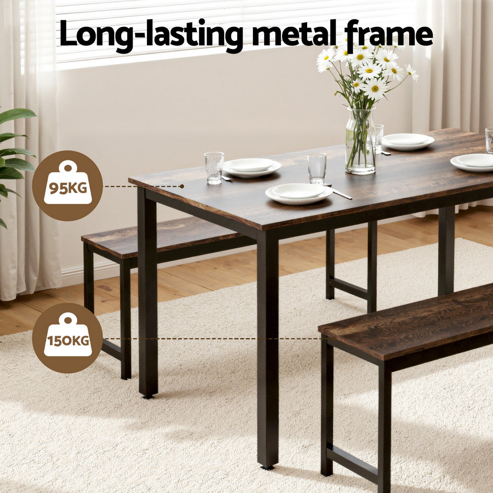 Artiss Dining Table and Chairs Set 3PCS Kitchen Metal Desk Bench Dark Walnut-Furniture > Dining > Dining Set-PEROZ Accessories