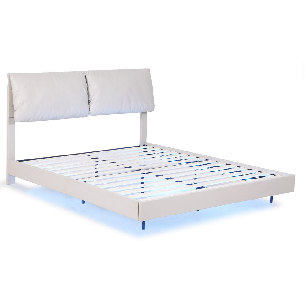 Artiss Double Bed Frame RGB LED Floating Beds Adjustable Headboard Beige White-Furniture > Bedroom > Beds & Bed Frames-PEROZ Accessories