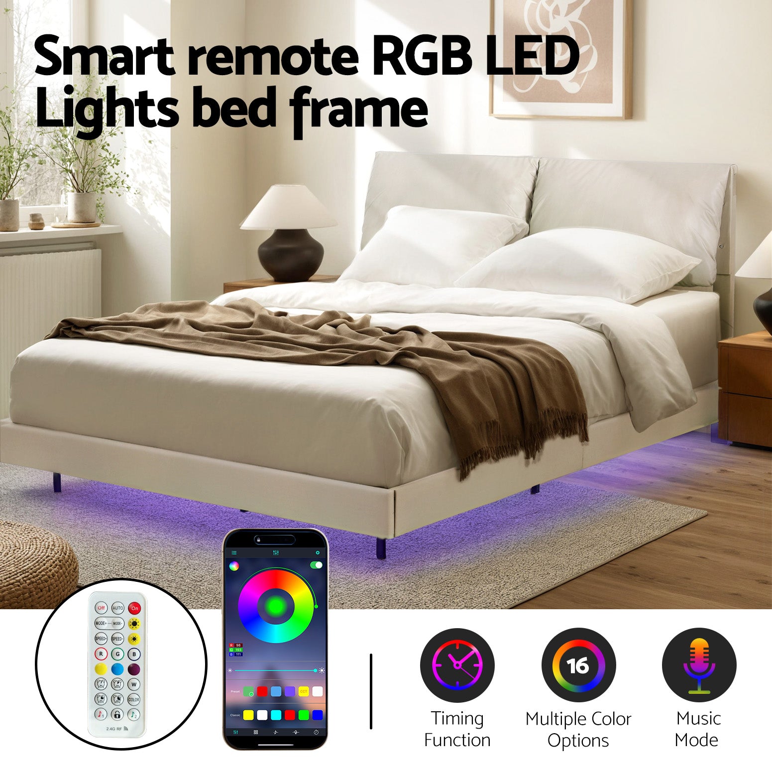 Artiss Double Bed Frame RGB LED Floating Beds Adjustable Headboard Beige White-Furniture > Bedroom > Beds & Bed Frames-PEROZ Accessories