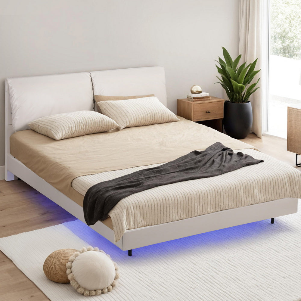Artiss Double Bed Frame RGB LED Floating Beds Adjustable Headboard Beige White-Furniture > Bedroom > Beds & Bed Frames-PEROZ Accessories
