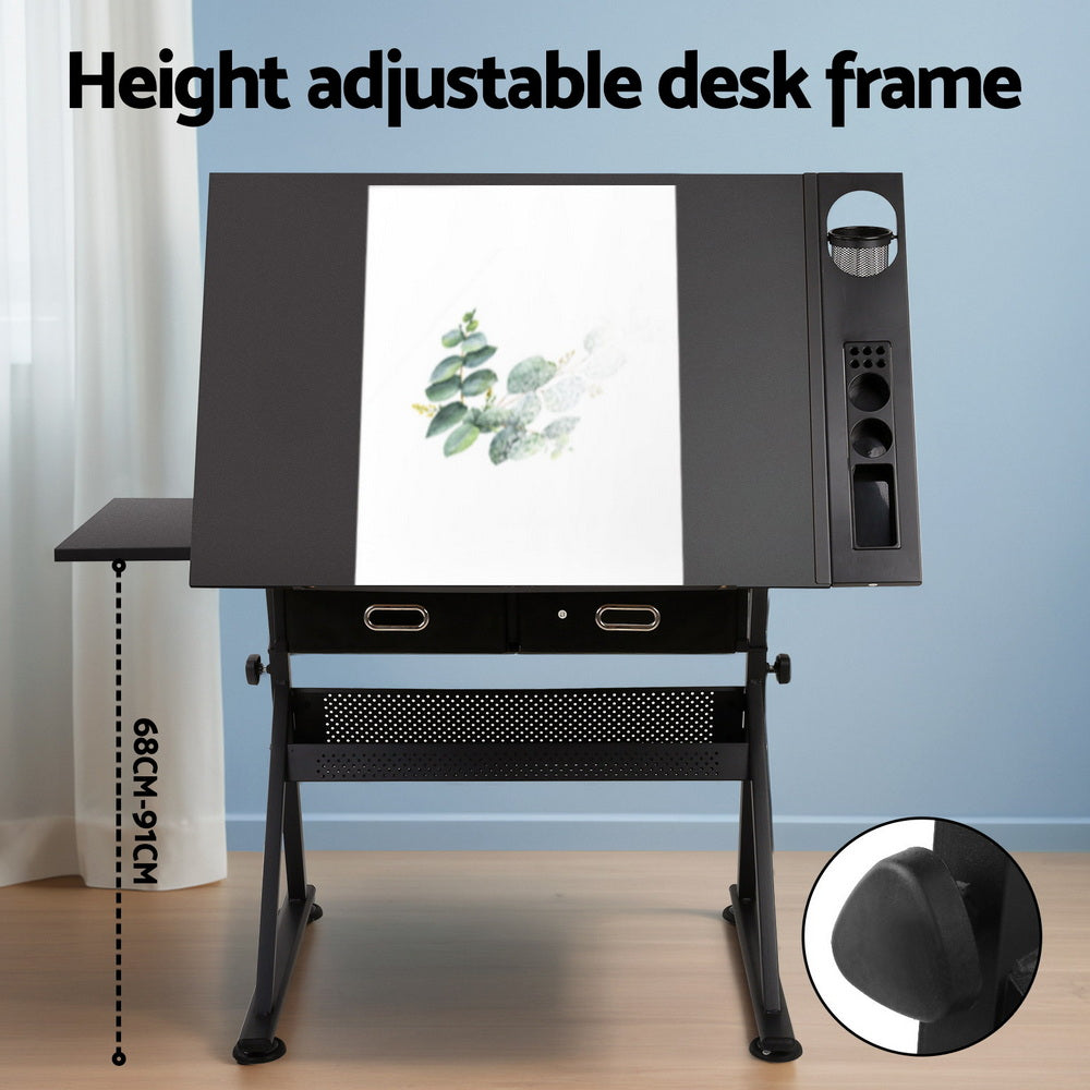 Artiss Drawing Desk Stool Set Drafting Table Adjustable Angle Tilt Drawers Black-Furniture > Office > Desks-PEROZ Accessories