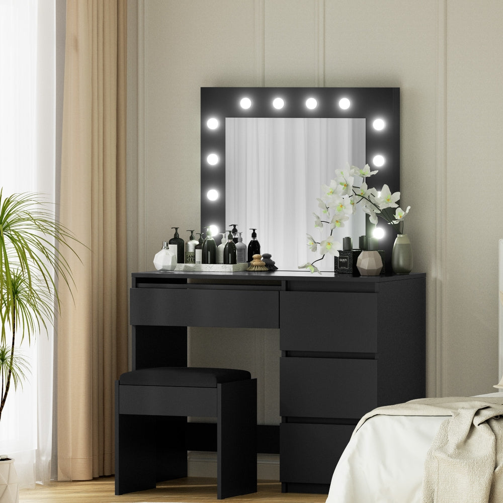Artiss Dressing Table Set Stool 12 Led Bulbs Black-Furniture > Bedroom > Dressing Vanity & Dressing Tables-PEROZ Accessories