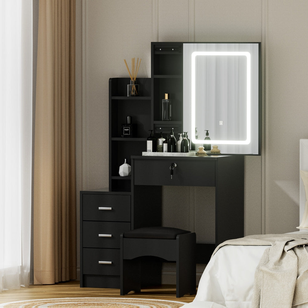 Artiss Dressing Table Vanity Desk Set Stool Led Black-Furniture > Bedroom > Dressing Vanity & Dressing Tables-PEROZ Accessories