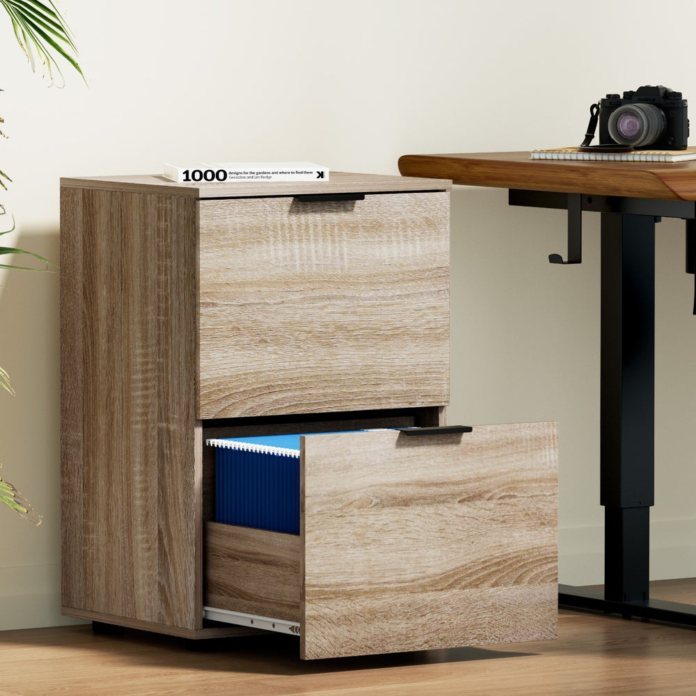 Artiss Filing Cabinet Files Storage Office Shelves File Organiser Oak 2 Drawer-Home & Garden > Home Office Accessories > Filing & Organisation-PEROZ Accessories