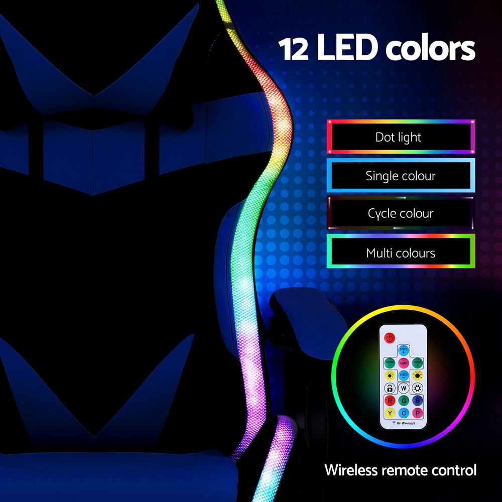 Artiss Gaming Office Chair 12 RGB LED Massage Computer Work Seat Footrest Blue-Furniture > Office > Office & Desk Chairs-PEROZ Accessories