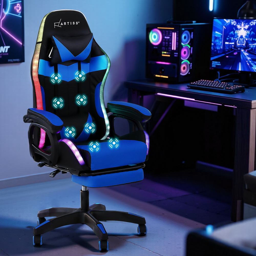 Artiss Gaming Office Chair 12 RGB LED Massage Computer Work Seat Footrest Blue-Furniture > Office > Office & Desk Chairs-PEROZ Accessories