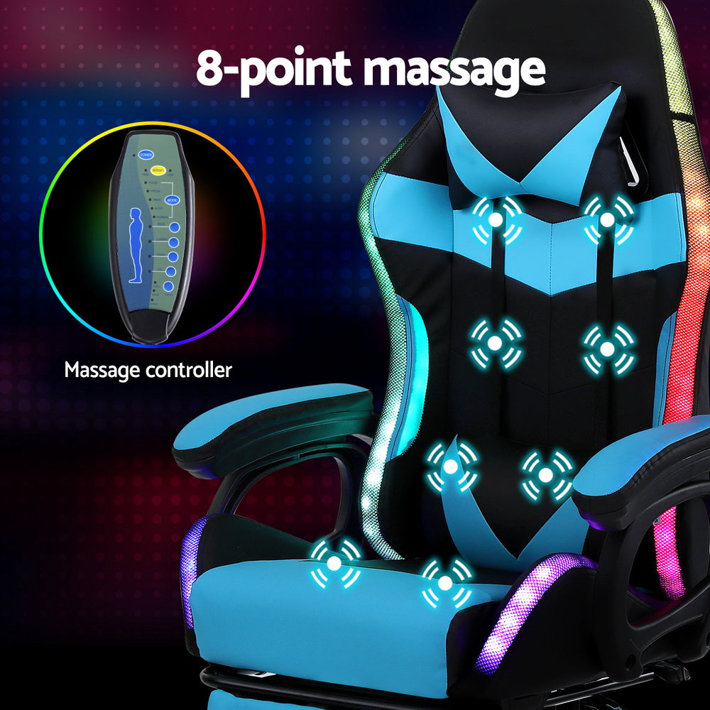 Artiss Gaming Office Chair 12 RGB LED Massage Computer Work Seat Footrest Cyan-Furniture > Office > Office & Desk Chairs-PEROZ Accessories