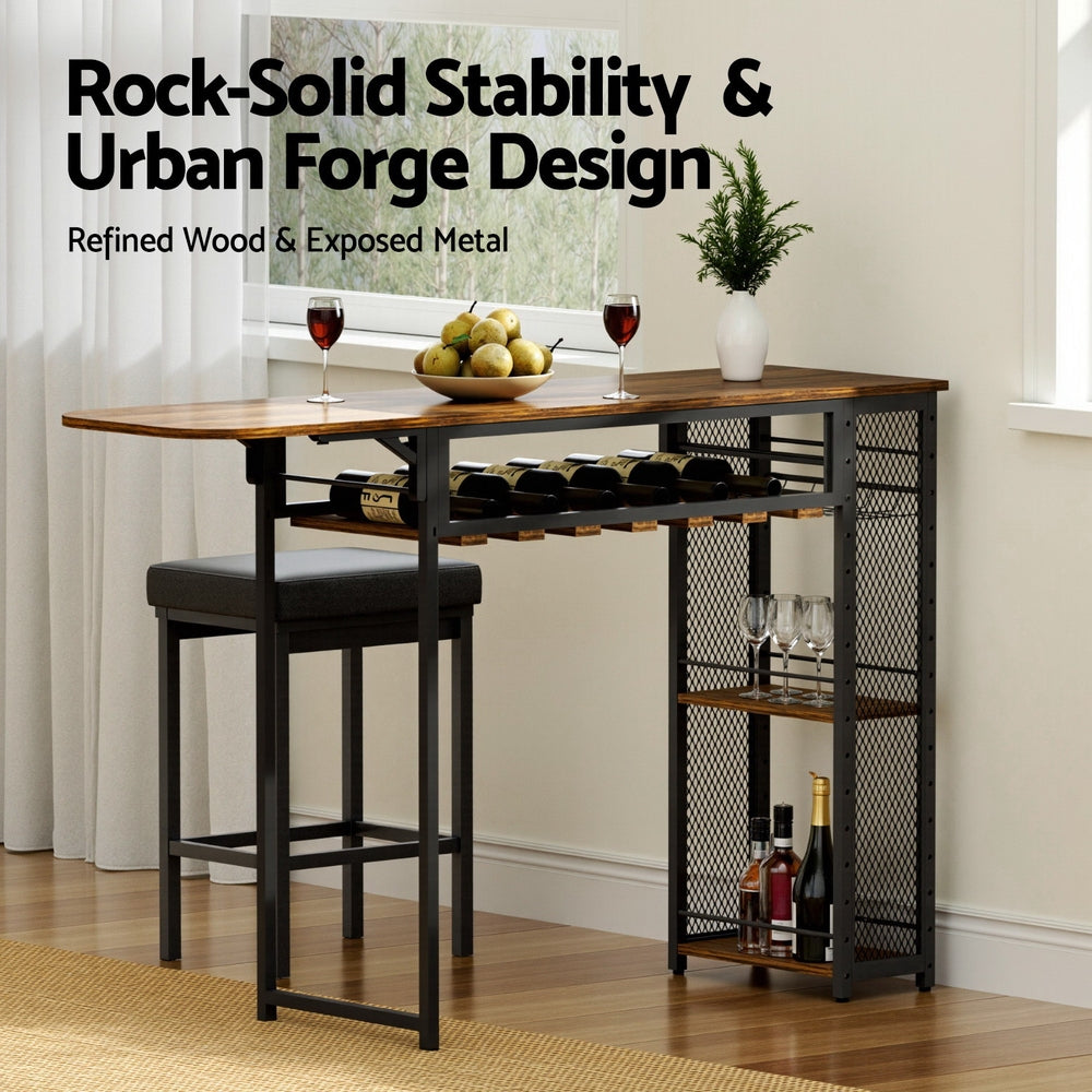 Artiss Industrial Bar Table with Wine Rack Built-in Cup Holder Extendable 140cm-Furniture > Dining > Dining Tables-PEROZ Accessories