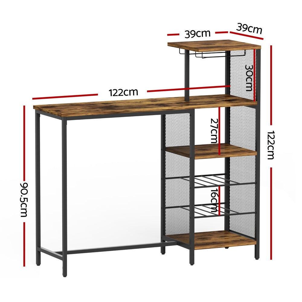 Artiss Industrial Bar Table with Wine Rack Cup Holder Multi-Level Storage 122cm Walnut-Furniture > Dining > Dining Tables-PEROZ Accessories