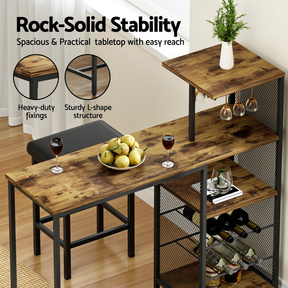 Artiss Industrial Bar Table with Wine Rack Cup Holder Multi-Level Storage 122cm Walnut-Furniture > Dining > Dining Tables-PEROZ Accessories
