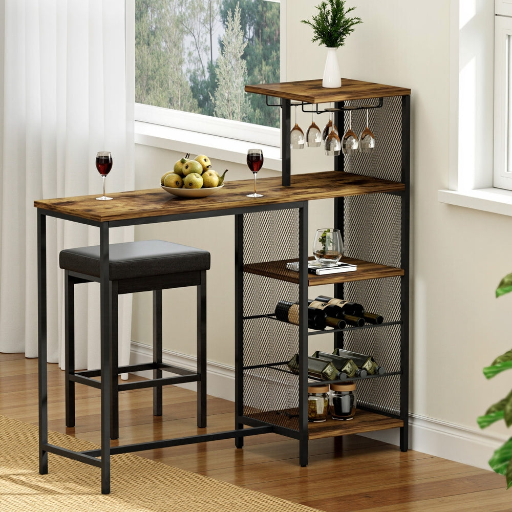 Artiss Industrial Bar Table with Wine Rack Cup Holder Multi-Level Storage 122cm Walnut-Furniture > Dining > Dining Tables-PEROZ Accessories
