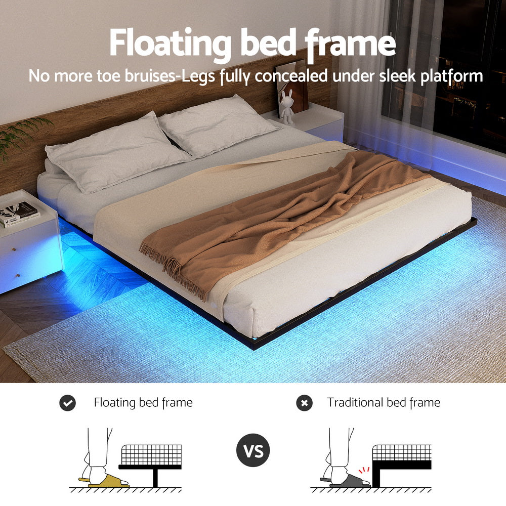 Artiss King Bed Frame,Floating Metal Bed Frame with Smart LED Lights - Sturdy Metal Platform Bed Base, Silent Design, Tool-Free Assembly, 300KG Capacity for Home/Hotel/Master Bedroom-Furniture > Bedroom > Beds & Bed Frames-PEROZ Accessories