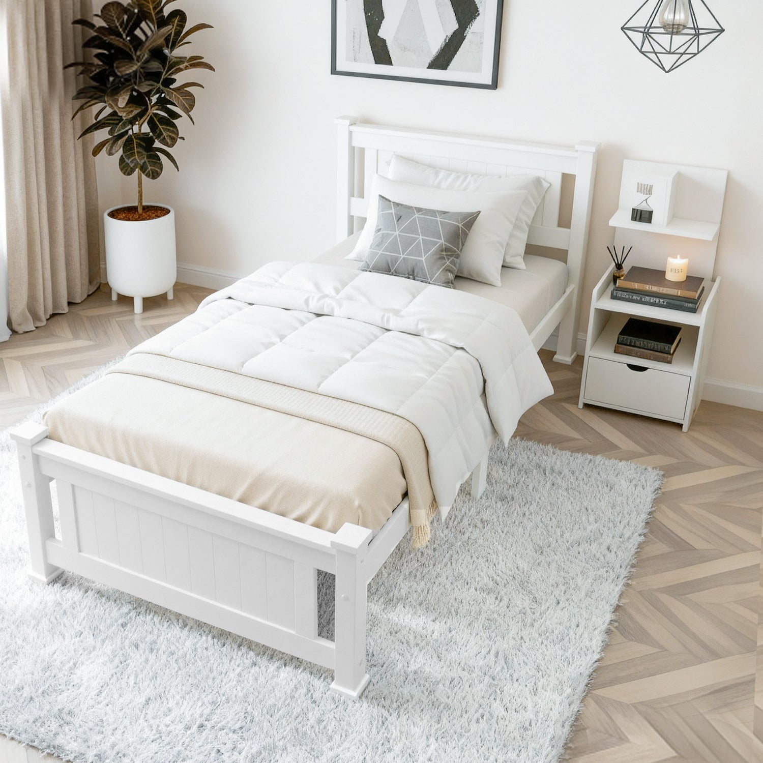 Artiss King Single Bed Frame and Bedside Table White-Furniture > Bedroom > Beds & Bed Frames-PEROZ Accessories
