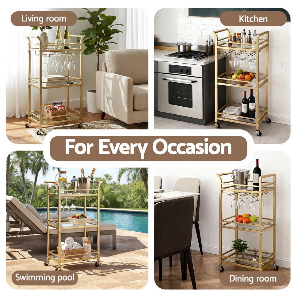 Artiss Kitchen Island Cart Trolley Rolling Serving Storage Wine Glass 43cm Gold-Furniture > Dining > Kitchen & Dining Trolleys-PEROZ Accessories