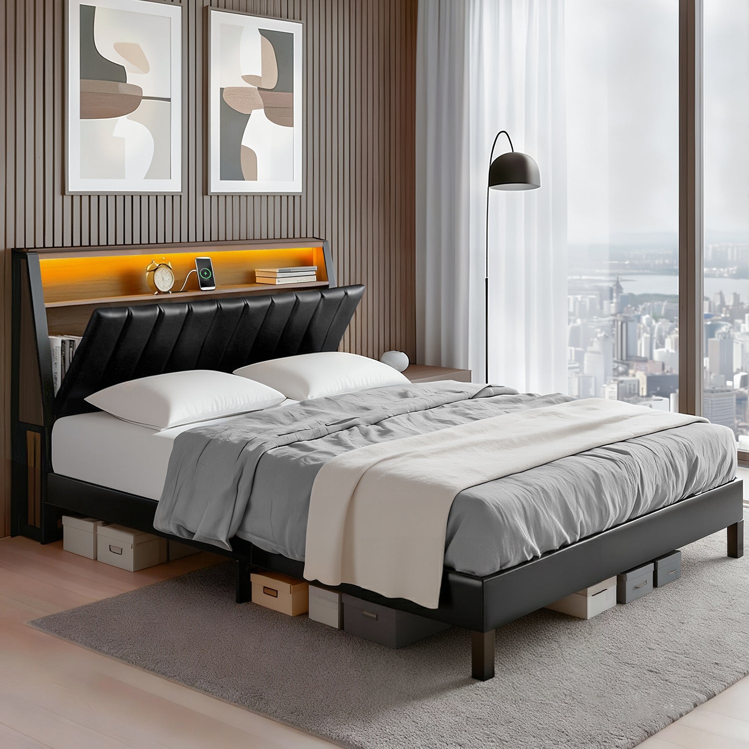 Artiss Queen Bed Frame LED Storage Headboard with Charging Station Black-Furniture > Bedroom > Beds & Bed Frames-PEROZ Accessories
