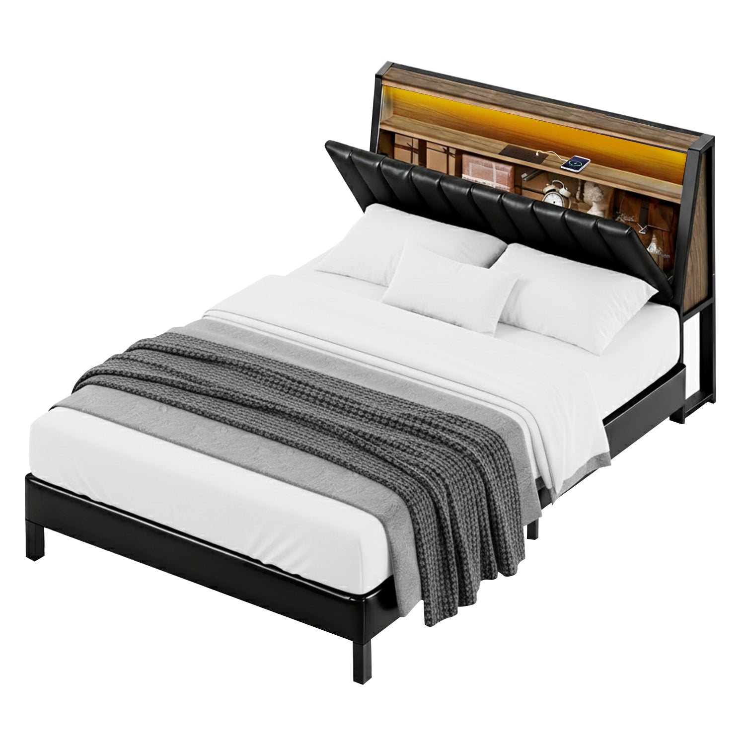 Artiss Queen Bed Frame LED Storage Headboard with Charging Station Black-Furniture > Bedroom > Beds & Bed Frames-PEROZ Accessories