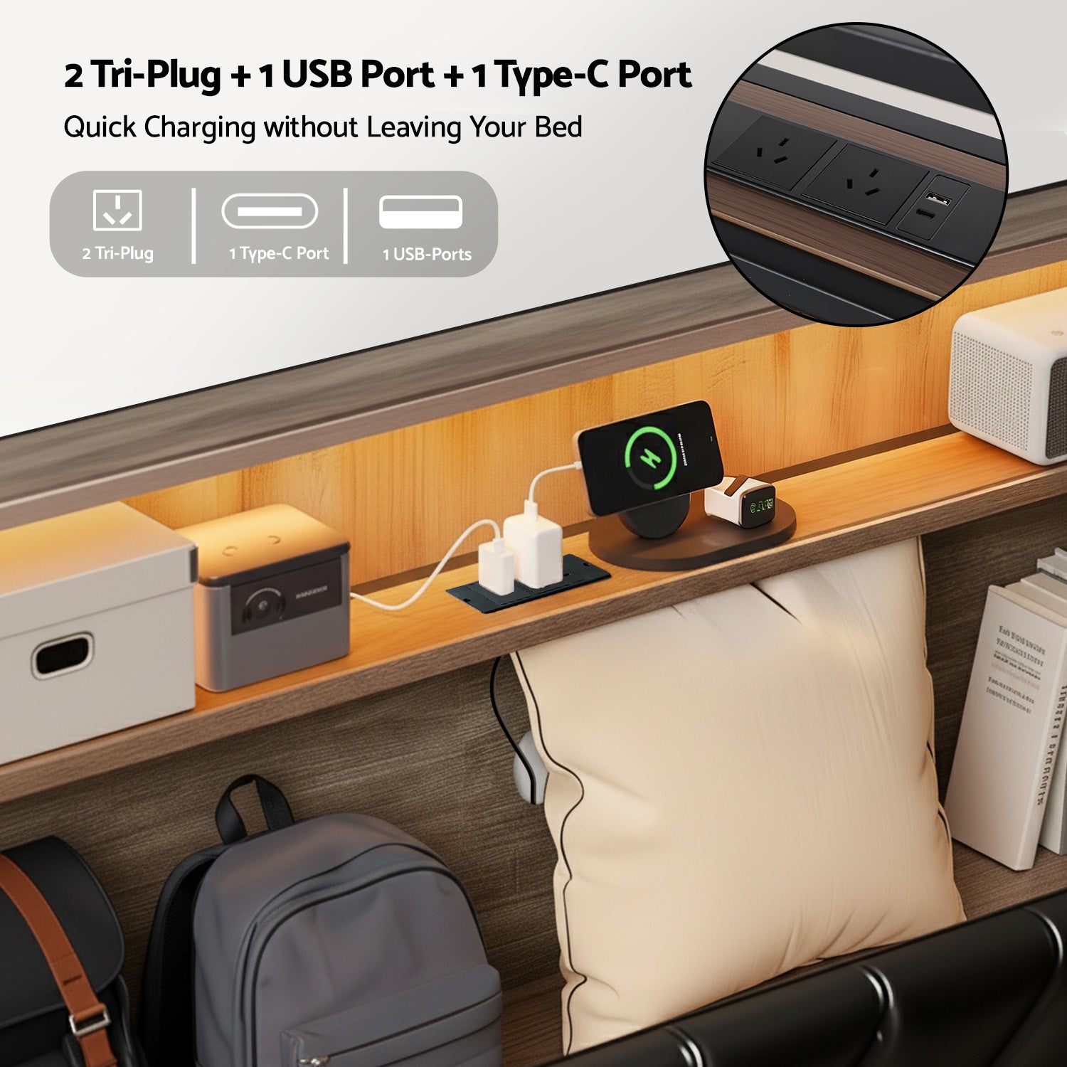 Artiss Queen Bed Frame LED Storage Headboard with Charging Station Black-Furniture > Bedroom > Beds & Bed Frames-PEROZ Accessories