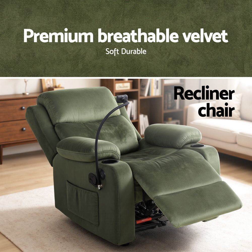 Artiss Recliner Chair Heated Massage Chair with Phone Holder Velvet-Furniture > Bar Stools & Chairs > Arm Chairs & Recliners-PEROZ Accessories