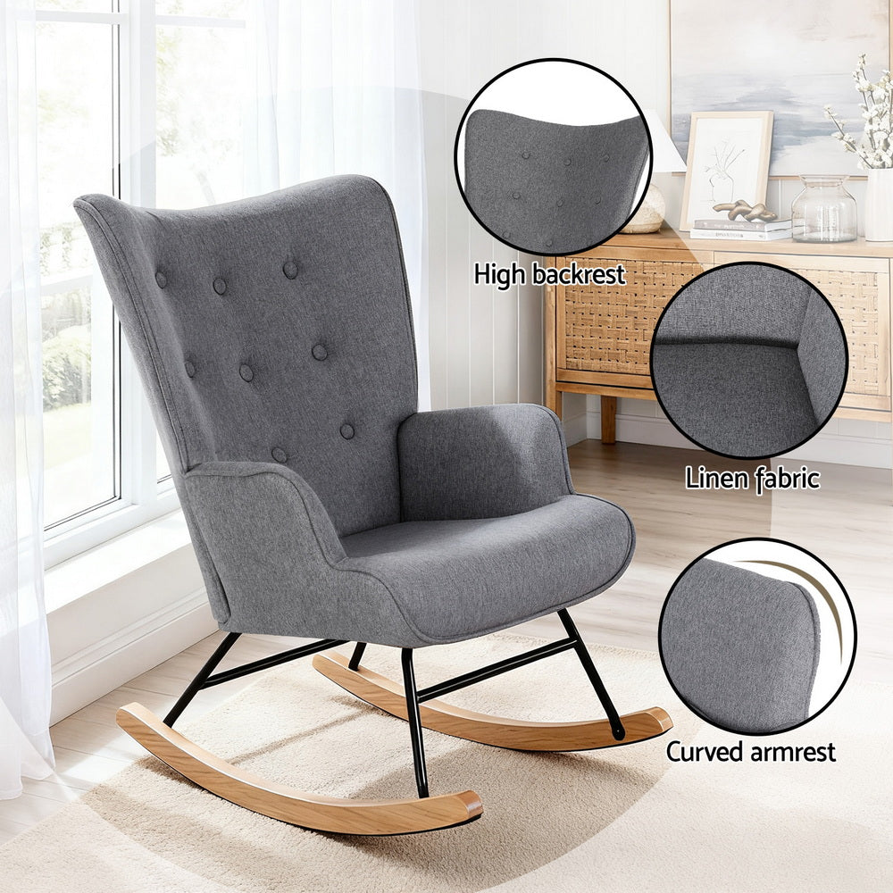 Artiss Rocking Armchair Nursing Chair Linen Fabric Grey-Furniture > Bar Stools & Chairs > Arm Chairs & Recliners-PEROZ Accessories