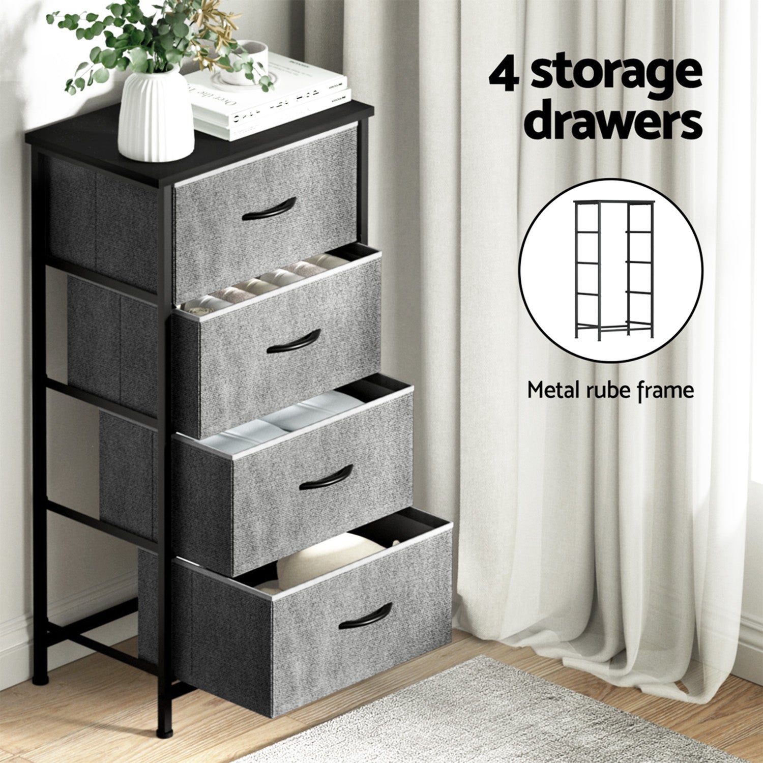 Artiss Set of 2 Chest of 4 Drawers Storage Dresser Tallboy Grey-Furniture > Bedroom > Dressers-PEROZ Accessories