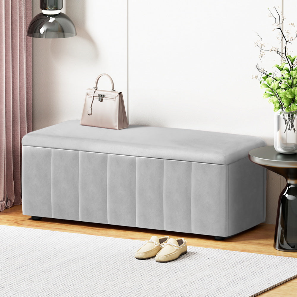 Artiss Storage Ottoman Blanket Box Velvet Grey 103cm-Furniture > Living Room > Ottomans & Footstools-PEROZ Accessories