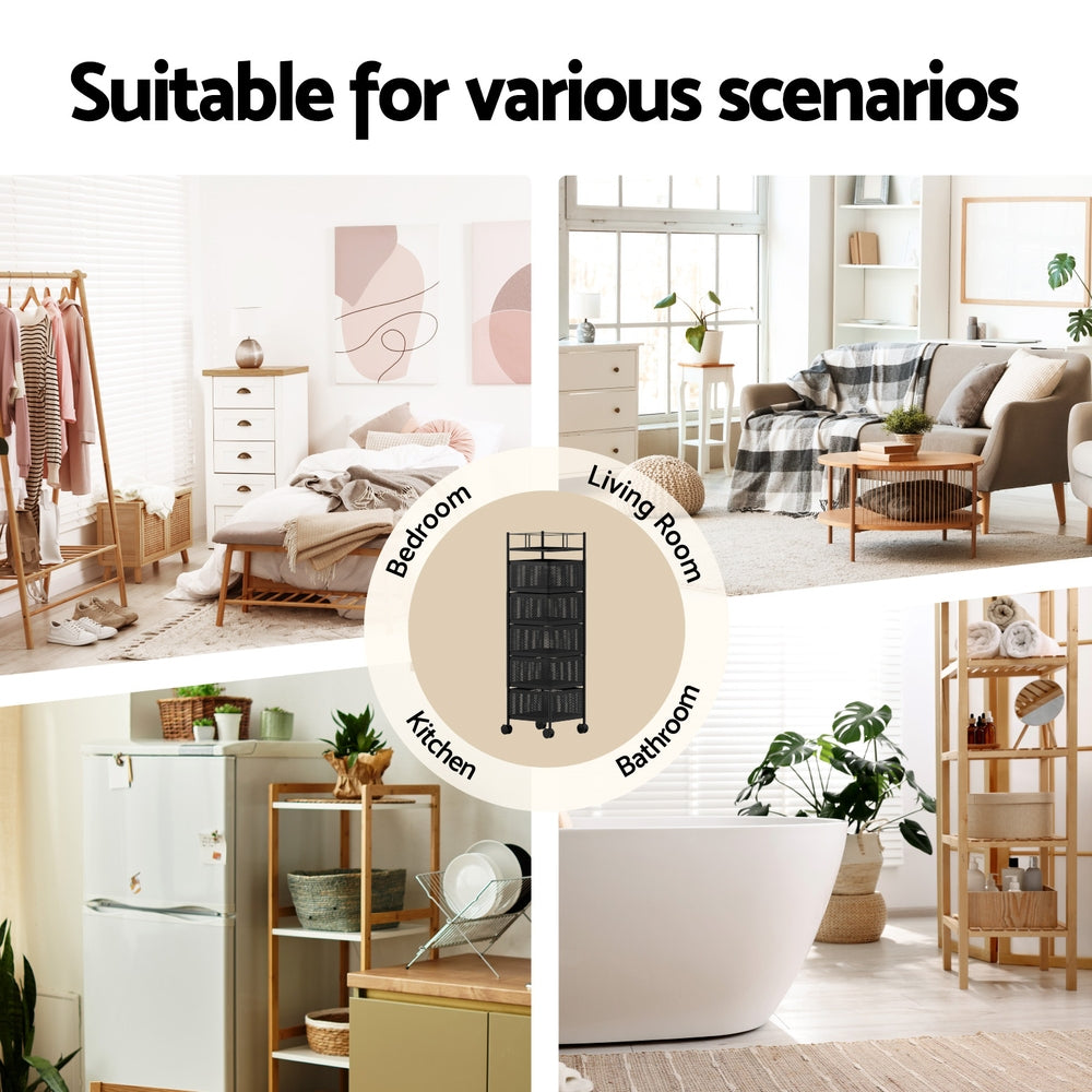 Artiss Storage Trolley Kitchen Cart 5 Tiers Storage Rack Black-Furniture > Dining > Kitchen & Dining Trolleys-PEROZ Accessories