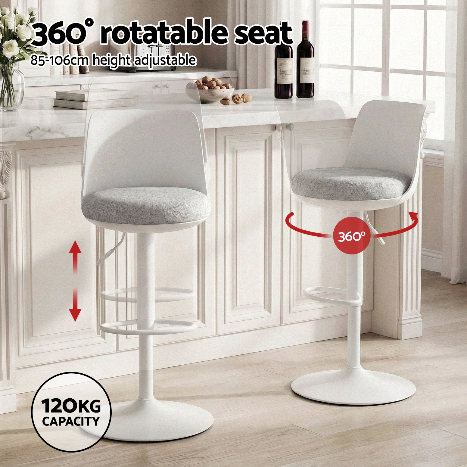 Artiss 2x Bar Stools Kitchen Swivel Gas Lift Counter Dining Chair Curved White-Furniture > Bar Stools & Chairs > Table & Bar Stools-PEROZ Accessories