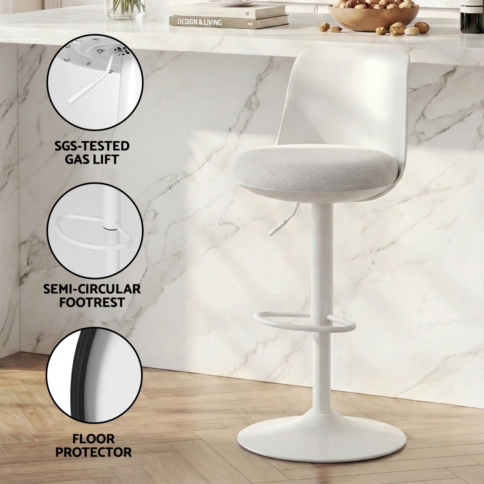 Artiss 2x Bar Stools Kitchen Swivel Gas Lift Counter Dining Chair Curved White-Furniture > Bar Stools & Chairs > Table & Bar Stools-PEROZ Accessories