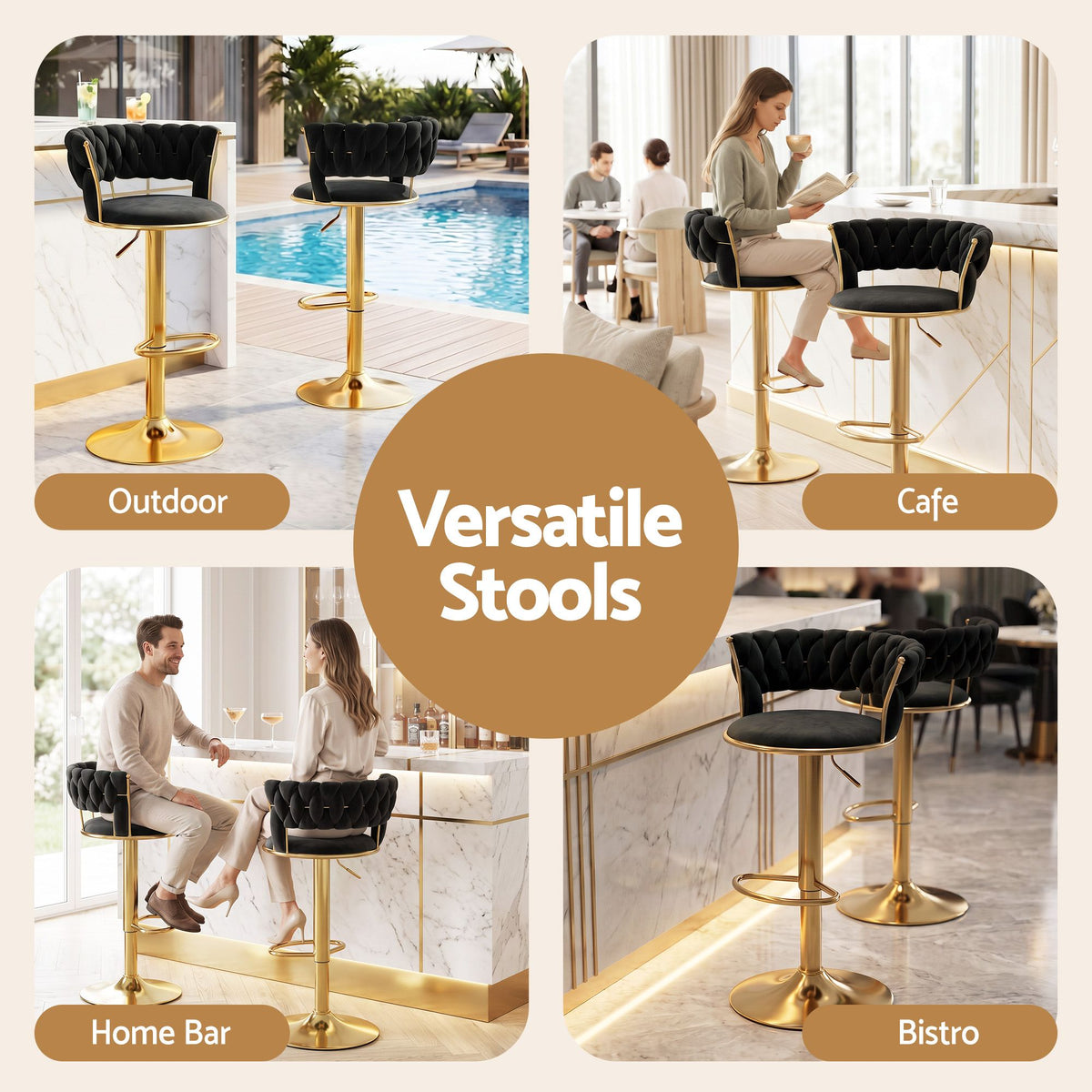 Artiss Bar Stool X1 Gas Lift Adjustable Velvet Woven Backrest Vivien Black-Furniture > Bar Stools & Chairs > Table & Bar Stools-PEROZ Accessories
