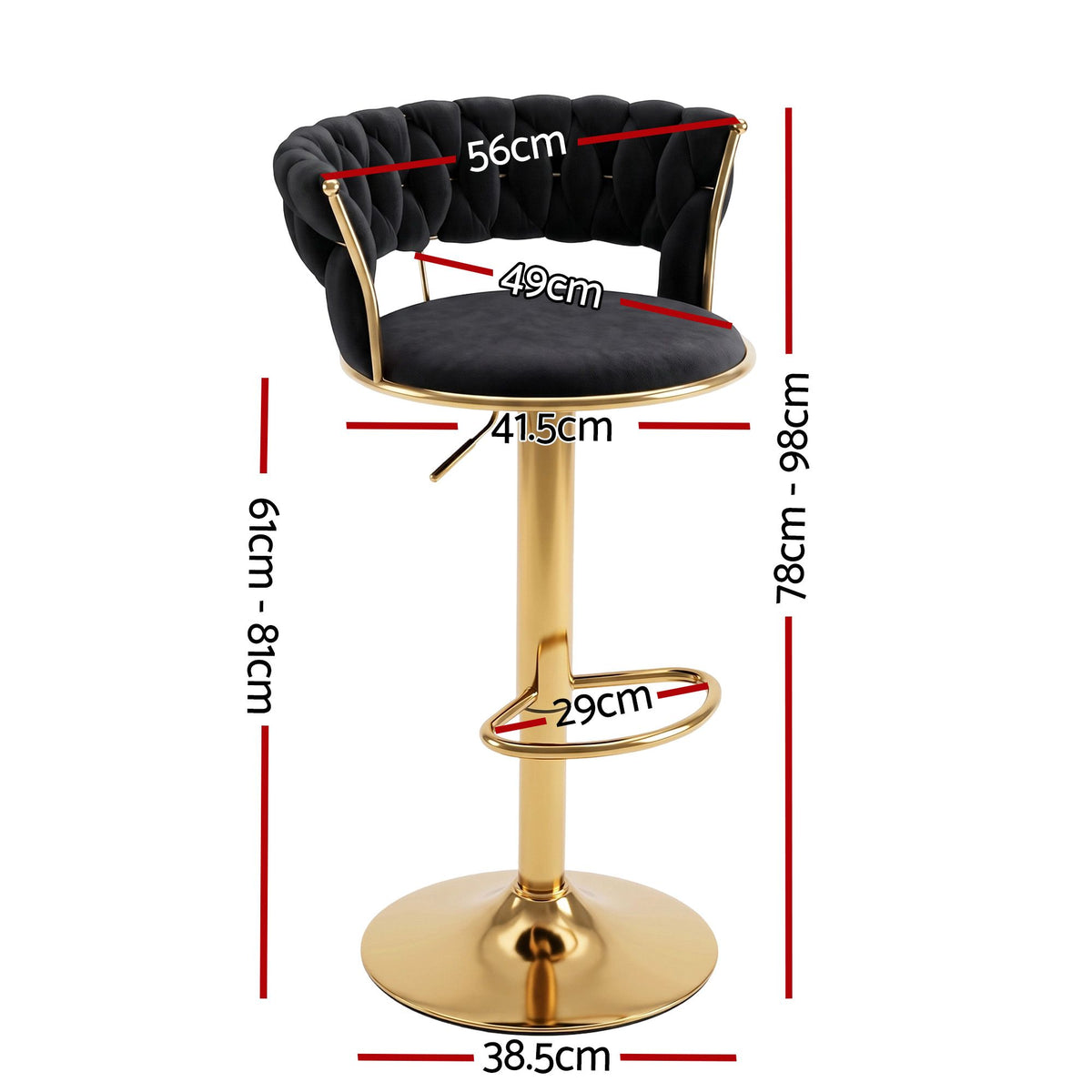 Artiss 2x Bar Stools Gas Lift Adjustable Velvet Woven Backrest Vivien Black-Furniture > Bar Stools & Chairs > Table & Bar Stools-PEROZ Accessories