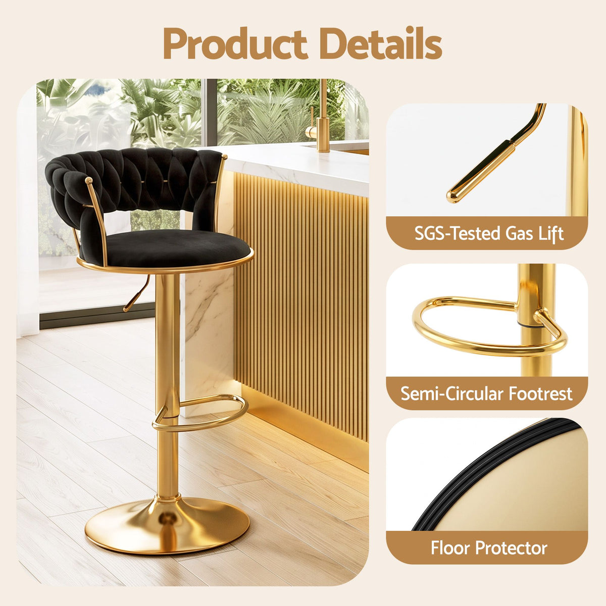 Artiss 2x Bar Stools Gas Lift Adjustable Velvet Woven Backrest Vivien Black-Furniture > Bar Stools & Chairs > Table & Bar Stools-PEROZ Accessories