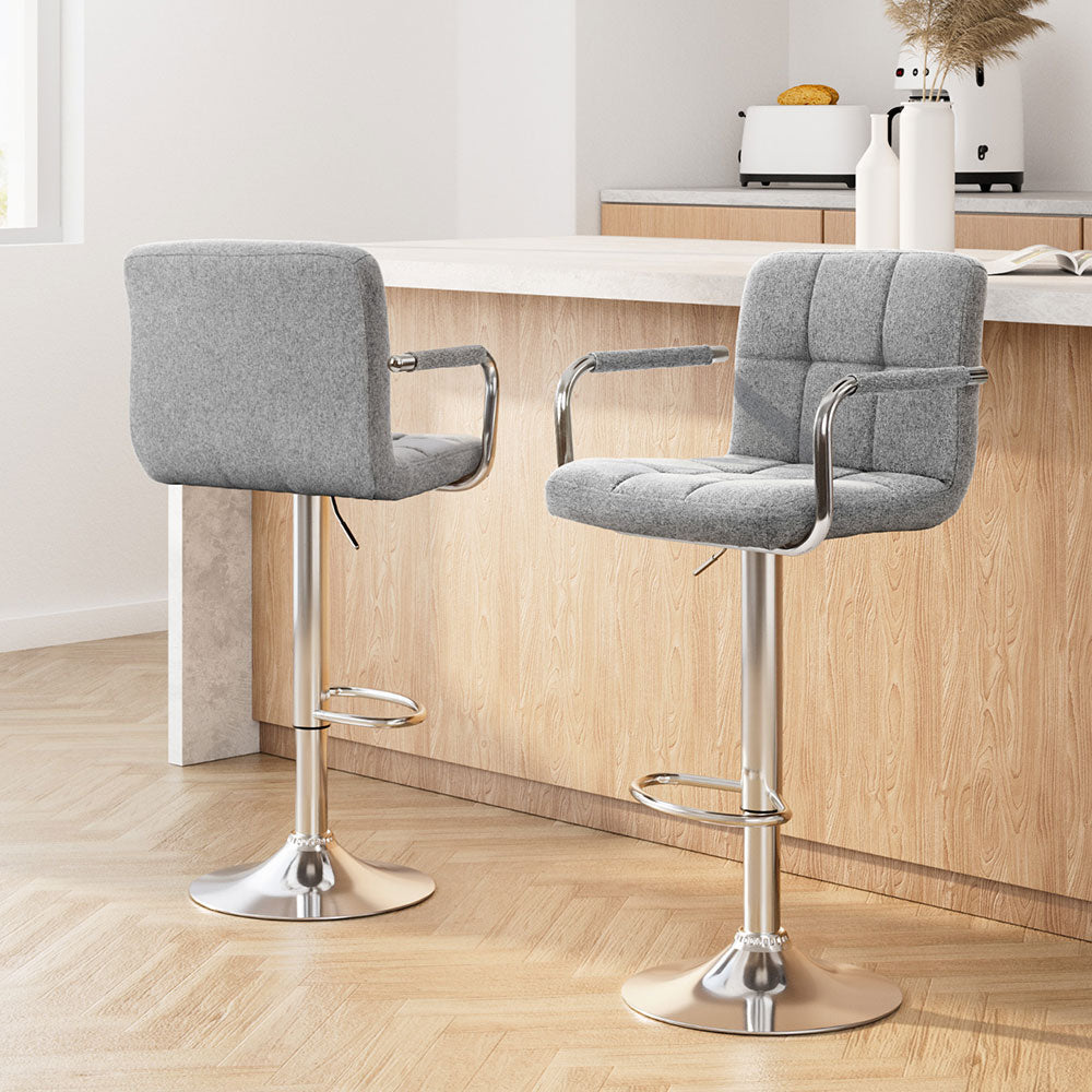Artiss 2x Bar Stools Fabric Gas Lift w/Armrest Grey-Furniture > Bar Stools & Chairs-PEROZ Accessories