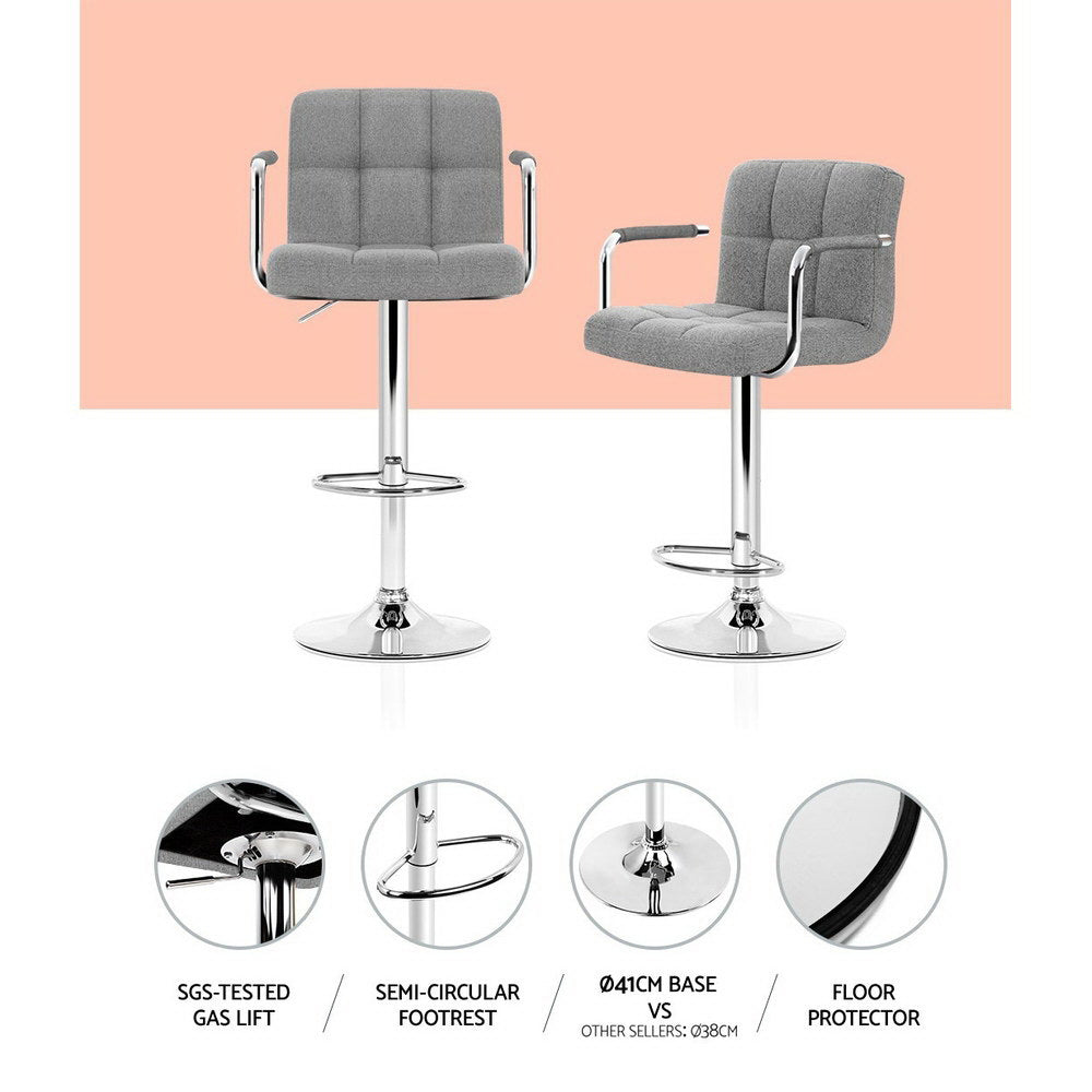 Artiss 2x Bar Stools Fabric Gas Lift w/Armrest Grey-Furniture > Bar Stools & Chairs-PEROZ Accessories