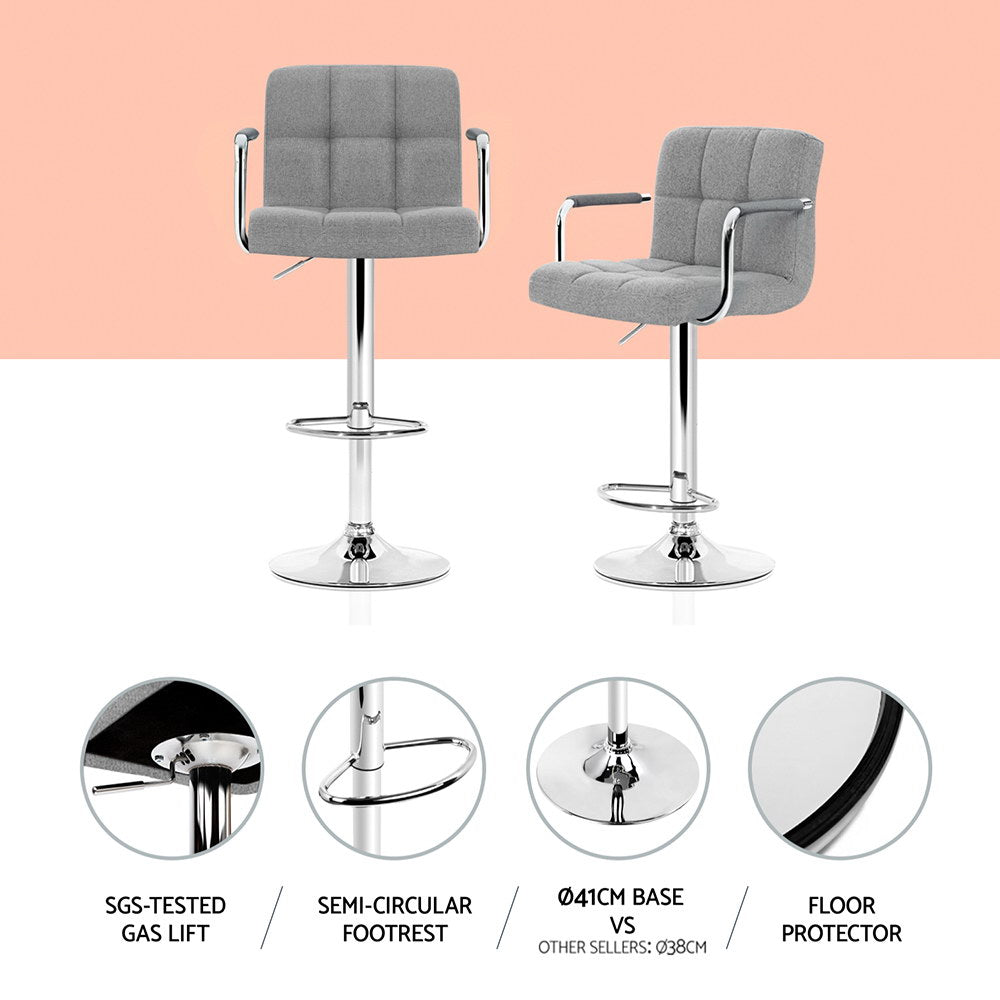 Artiss 4x Bar Stools Fabric Gas Lift w/Armrest Grey-Furniture > Bar Stools & Chairs > Table & Bar Stools-PEROZ Accessories