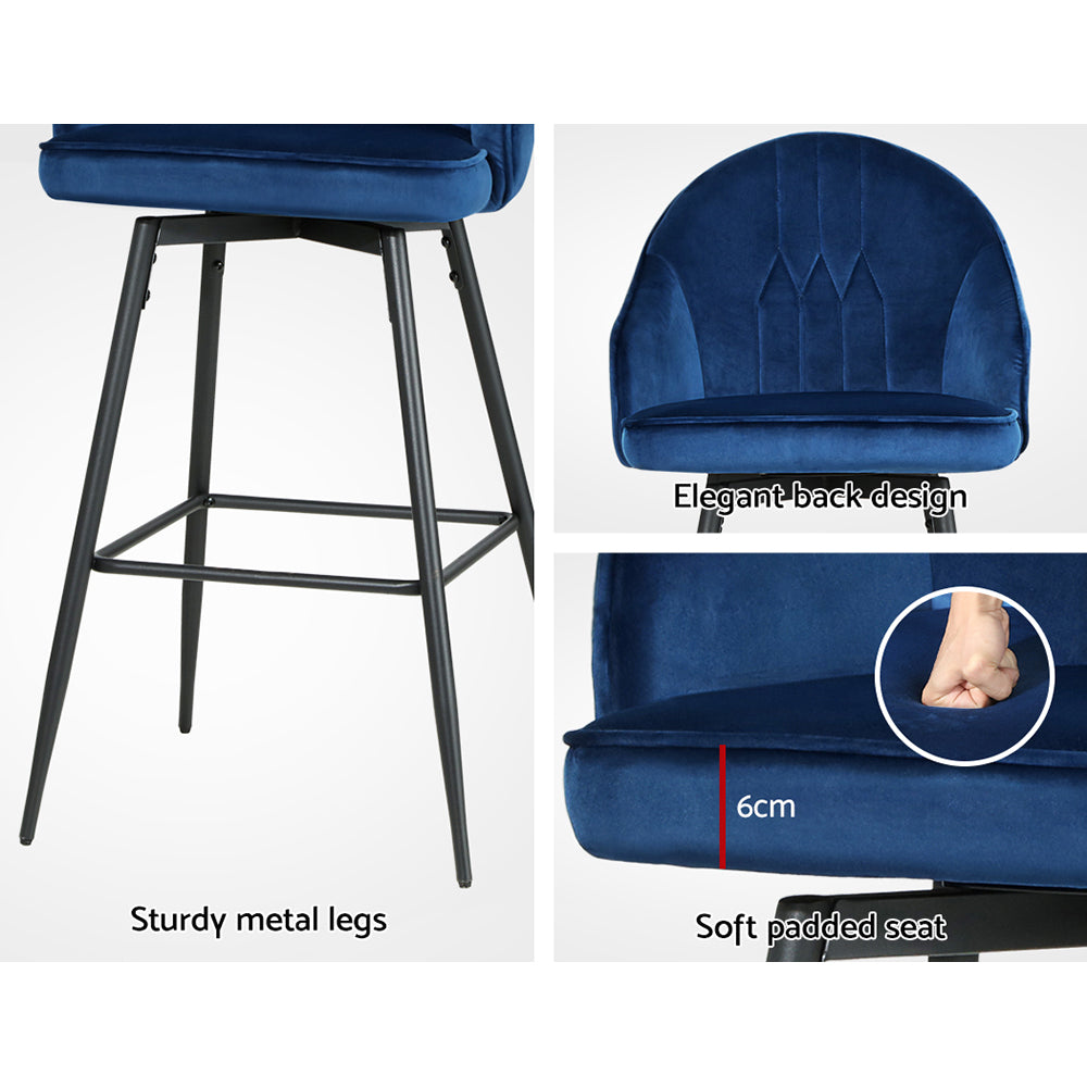 Artiss 2x Bar Stools Velvet Swivel Metal Legs Blue-Bar Stools-PEROZ Accessories