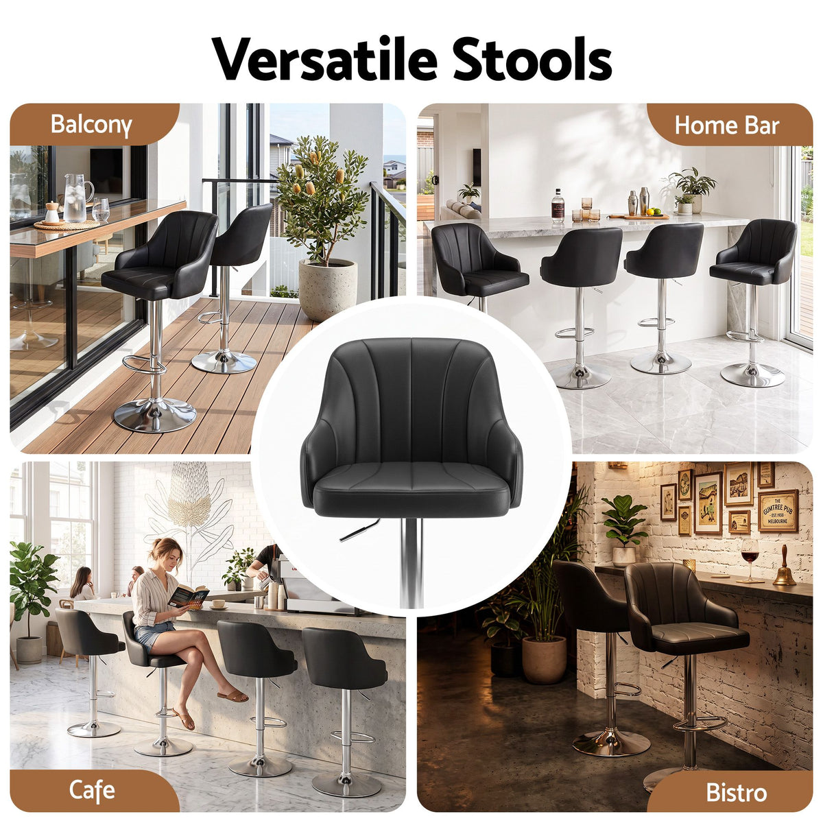 Artiss Bar Stool X4 Gas Lift Adjustable Curved Striped Backrest PU Leather Black