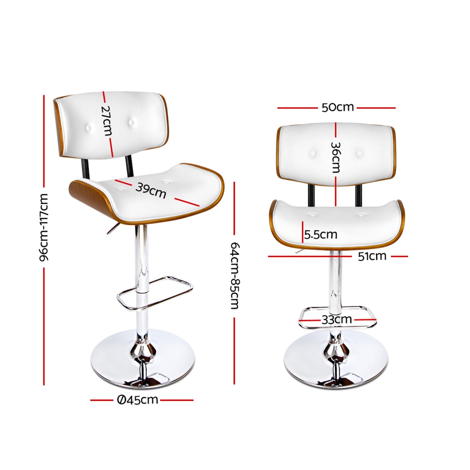 Artiss 2x Bar Stools Gas Lift Leather White-Furniture > Bar Stools & Chairs-PEROZ Accessories