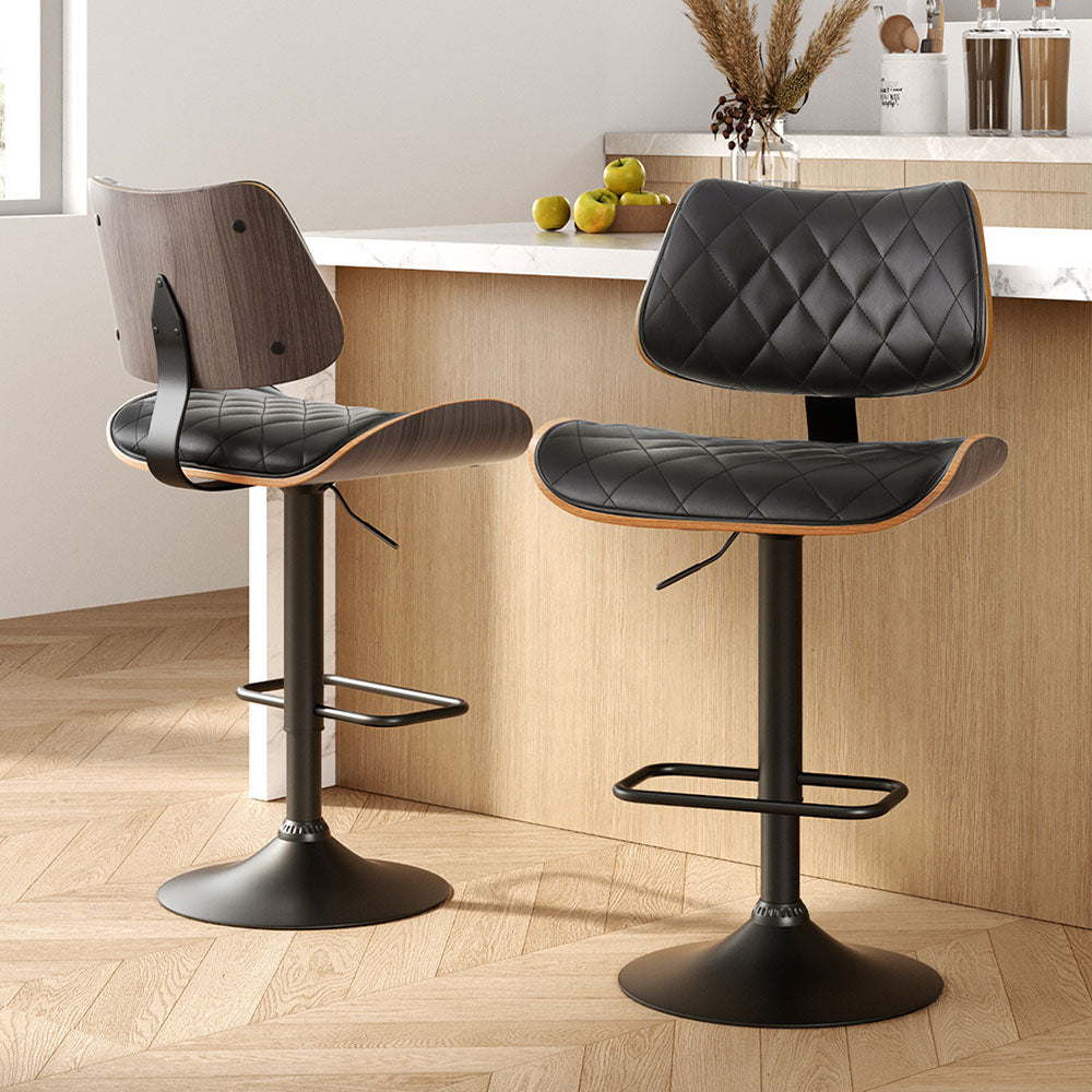 Artiss 2x Bar Stools Kitchen Dining Chairs Gas Lift Stool Wooden Leather Black-Furniture > Bar Stools & Chairs > Table & Bar Stools-PEROZ Accessories