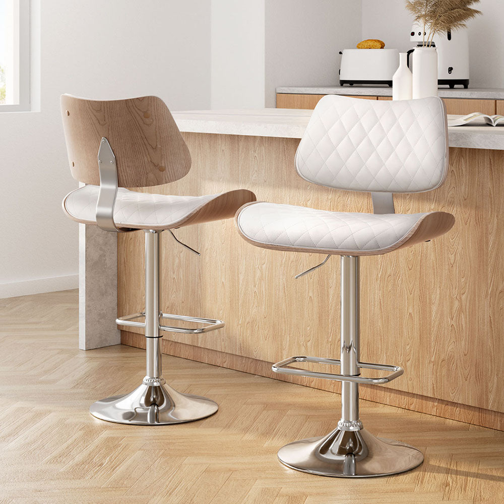 Artiss 2x Bar Stools Kitchen Dining Chairs Gas Lift Stool Wooden Leather White-Furniture > Bar Stools & Chairs > Table & Bar Stools-PEROZ Accessories