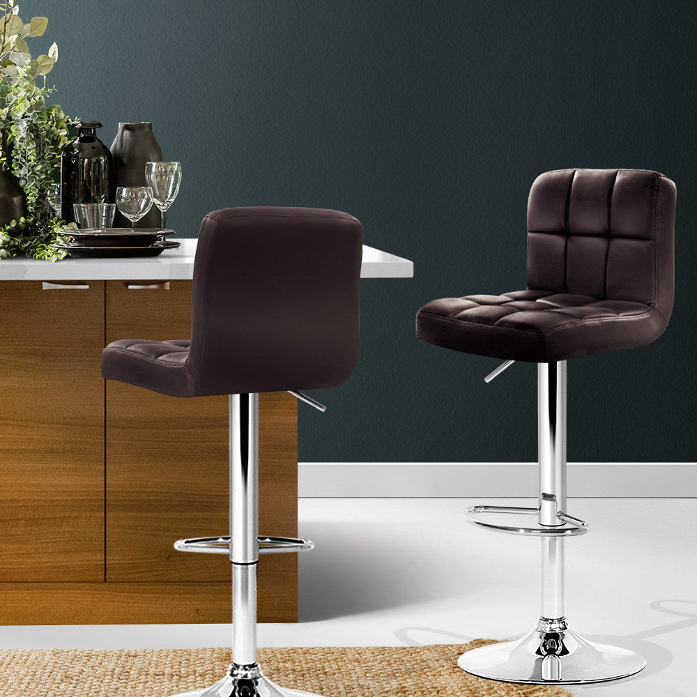 Artiss 2x Bar Stools Leather Gas Lift Brown-Furniture > Bar Stools & Chairs-PEROZ Accessories