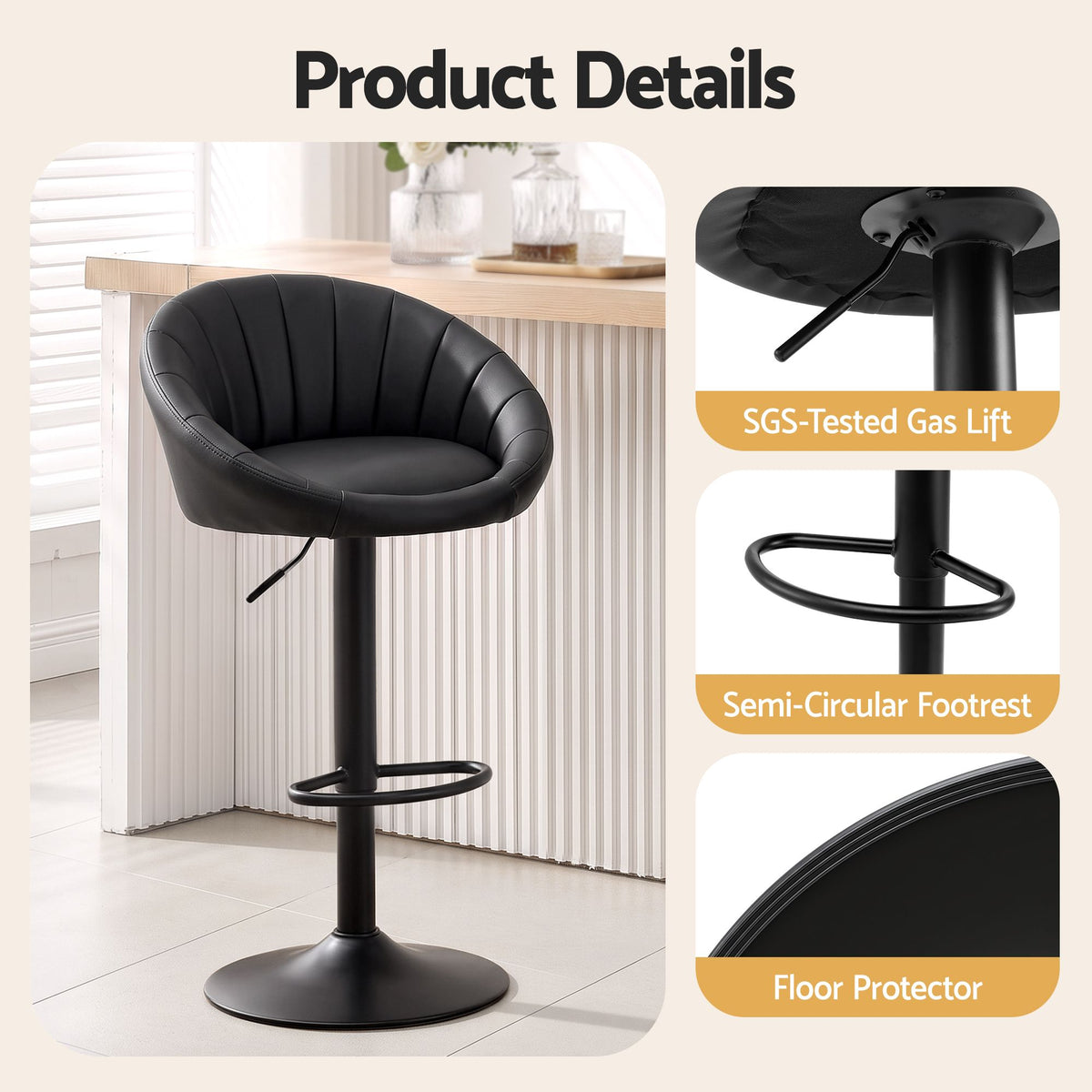 Artiss Bar Stools X4 Gas Lift Adjustable Rounded Shell Backrest PU Leather Black