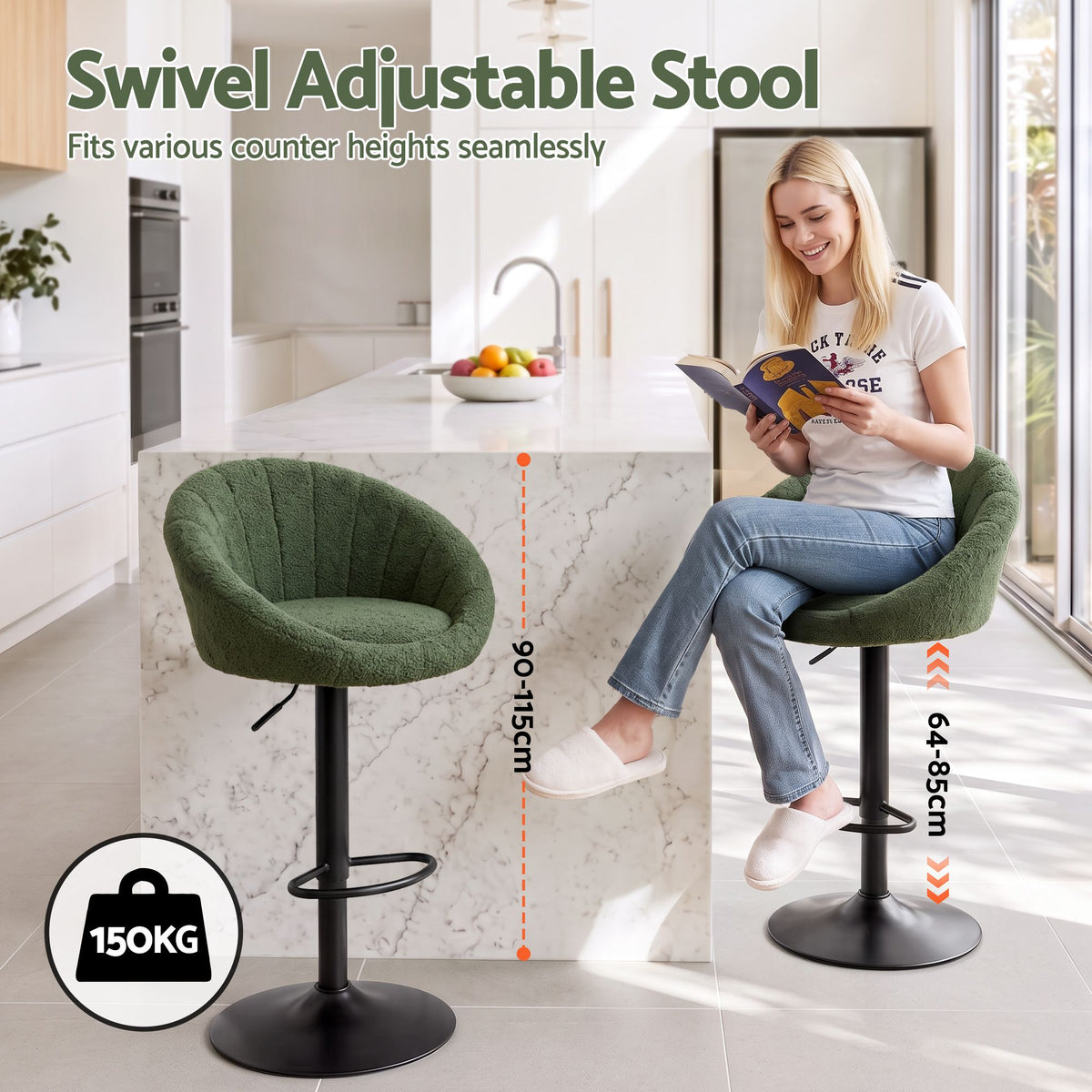 Artiss 2x Bar Stools Kitchen Chairs Gas Lift Adjustable Round Shell Boucle Green