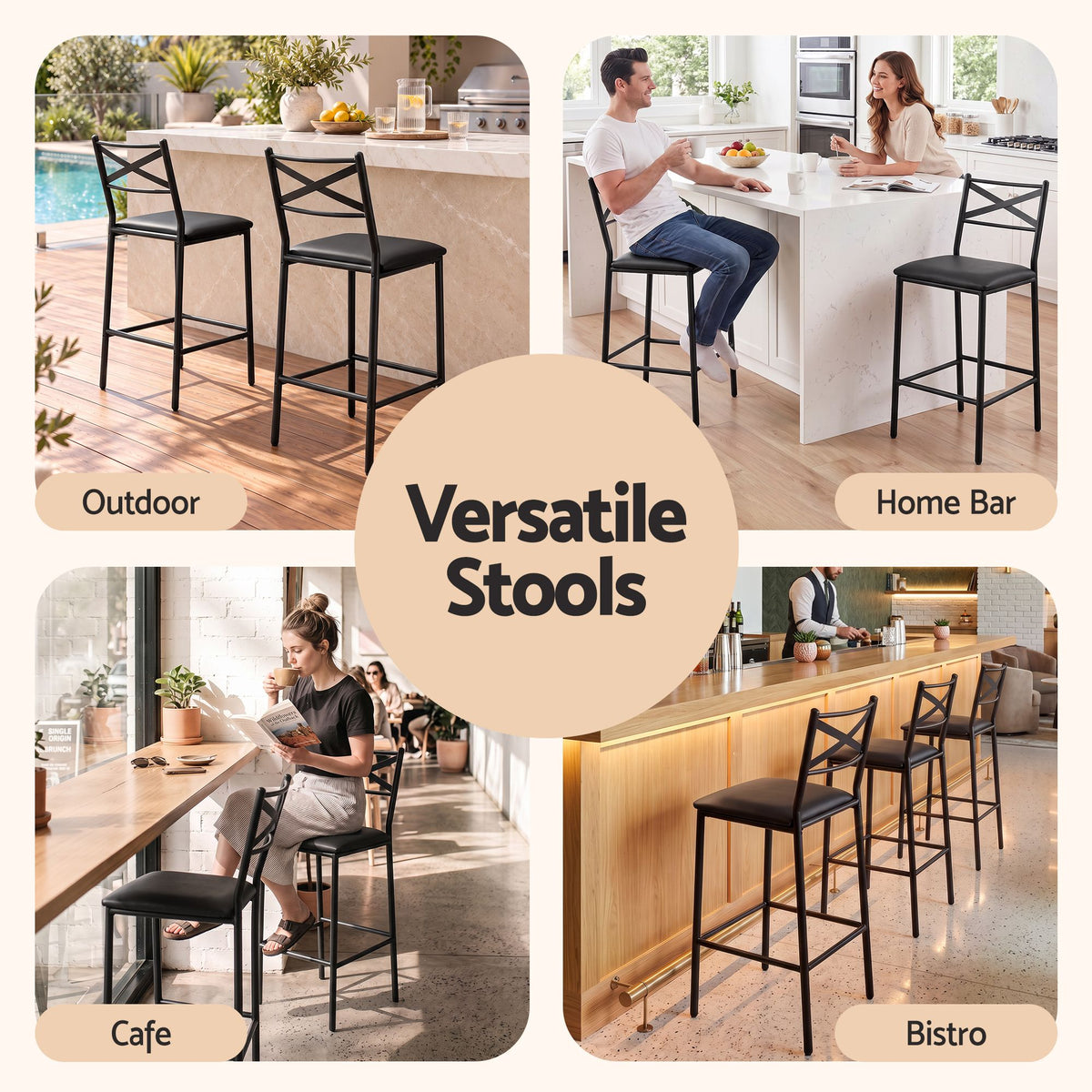 Artiss Bar Stools Set of 4 Counter 66cm Height Stools with Backrest, PU Cushioned Seat, Black-Furniture > Bar Stools & Chairs > Table & Bar Stools-PEROZ Accessories