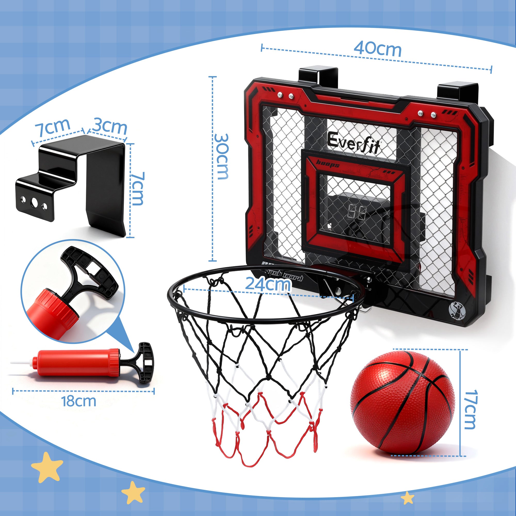 Everfit Mini Basketball Hoop Over Door Indoor LED Scoreboard Kids Set 40x30cm-Sports & Fitness > Ball Sports > Basketball & Basketball Accessories-PEROZ Accessories