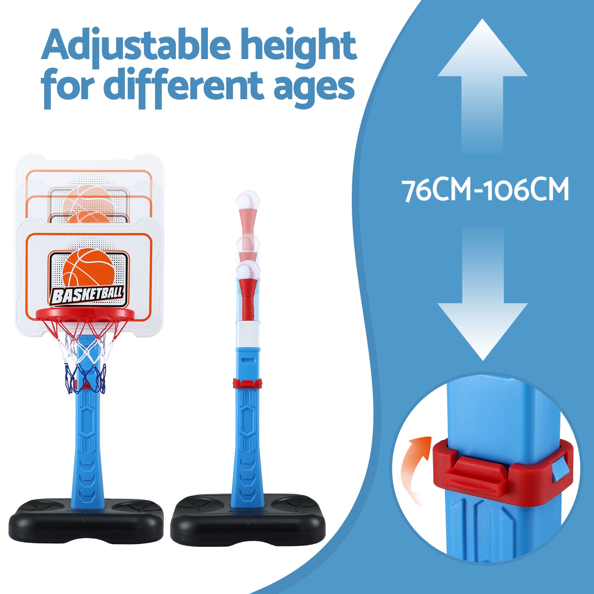 Keezi Kids Basketball Hoop Stand Baseball Set Adjustable Height Sports Toys Blue-Sports & Fitness > Ball Sports > Basketball & Basketball Accessories-PEROZ Accessories